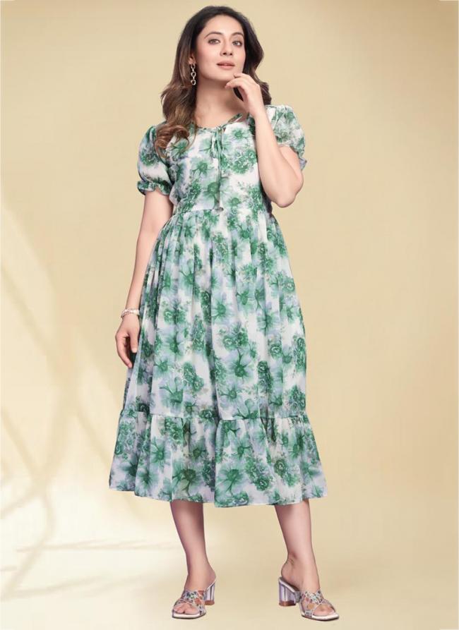 Georgette Green Daily Wear Printed Readymade Dress